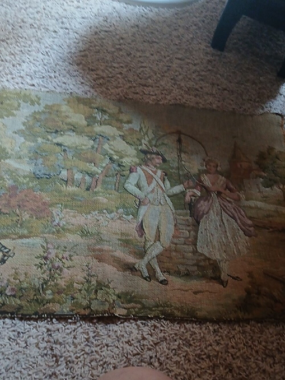 Vintage Tapestry Panel with Pastoral Couple in Soft Greens and Pinks - Picture 6 of 11